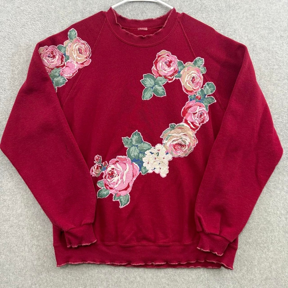 Vintage Floral Rose Appliqué Sweatshirt Red Women's Relaxed Fit